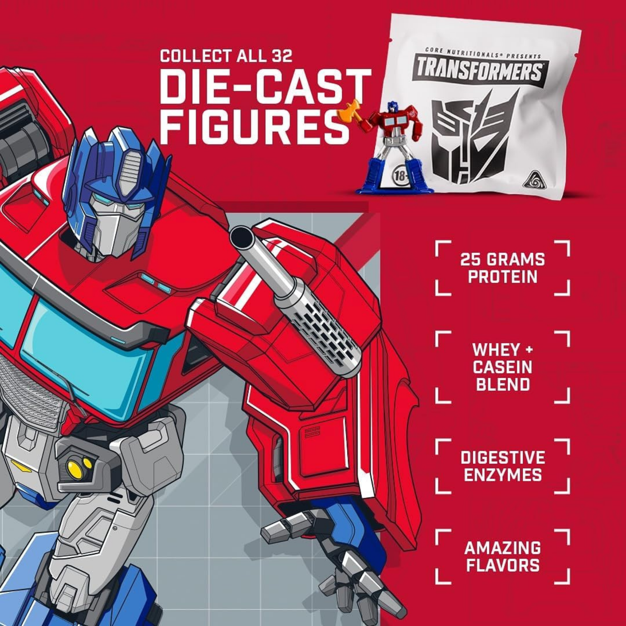 Core Nutritionals Transformers Protron Protein Blend – 25 g Whey + Casein Protein with Digestive Enzymes & MCTs - Optimus Prime (Mixed Berry Cheesecake)