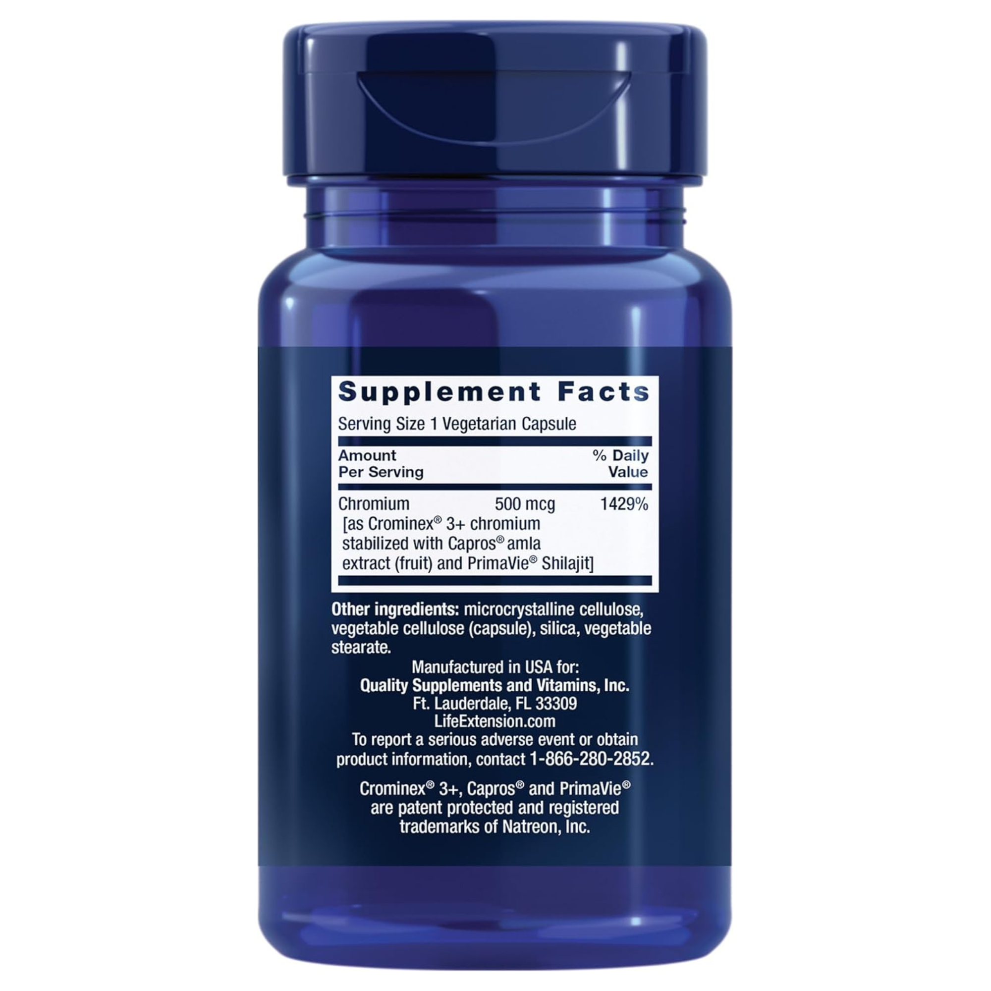 Life Extension Optimized Chromium with Crominex 3+ 500 mcg, metabolism health, healthy balance, Vegetarian, Gluten Free, Non-GMO, 500 mcg, 60 vegetarian capsules