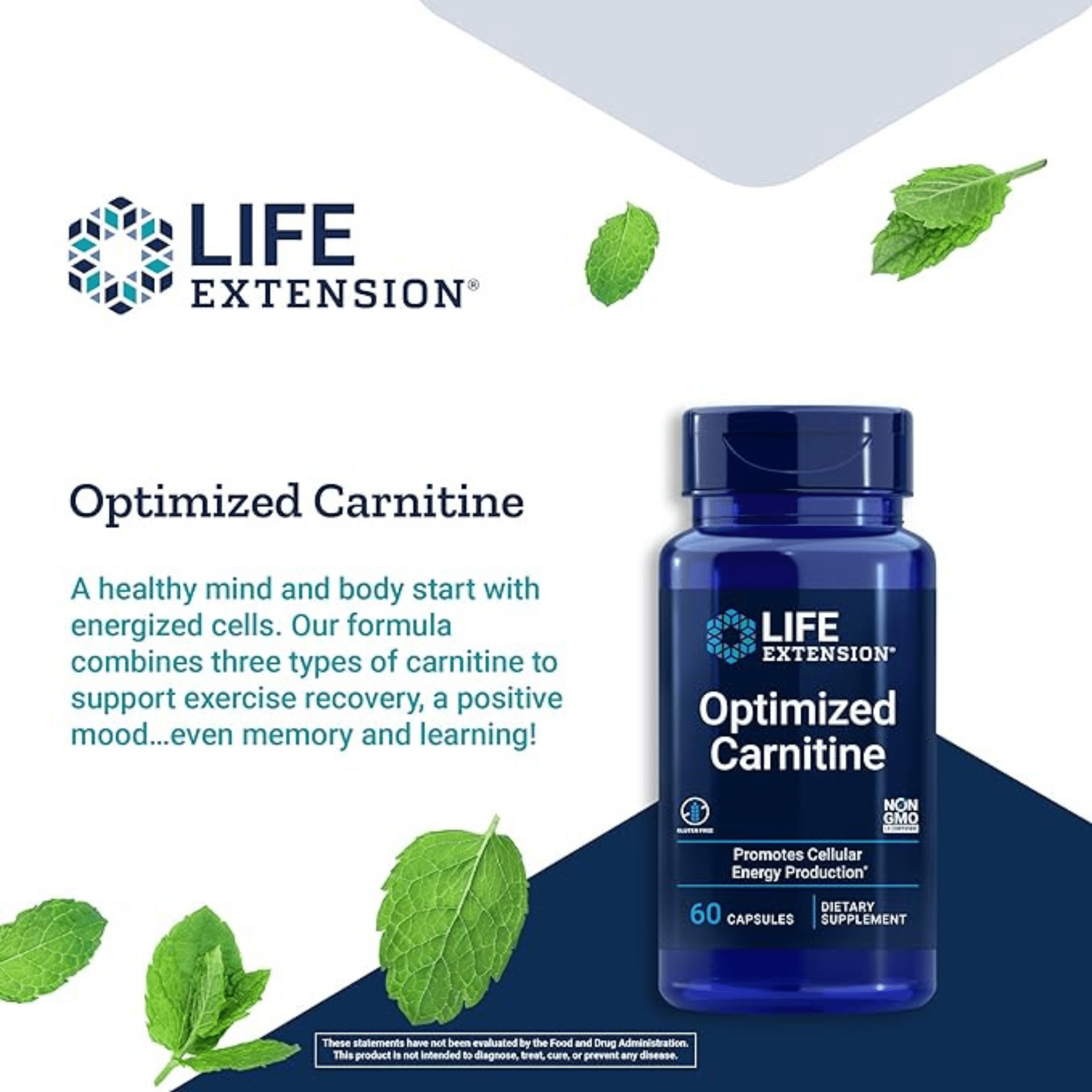 Life Extension Optimized Carnitine - Cellular Energy, Heart & Brain Health, Exercise Recovery, 60 Capsules