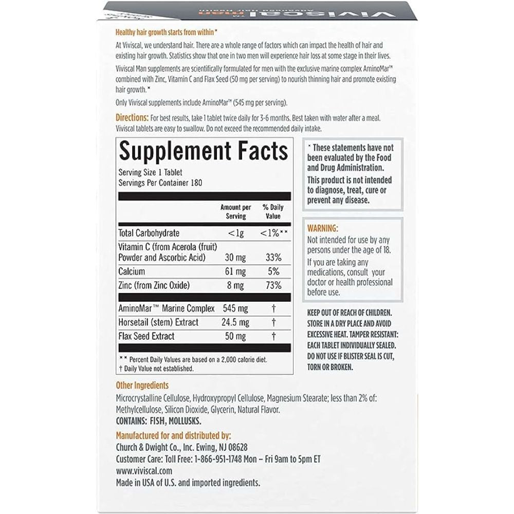 Viviscal Man Hair Growth Supplements For Men | Effective Hair Loss Solutions for Men - 180 Tabs (3 month Supply)