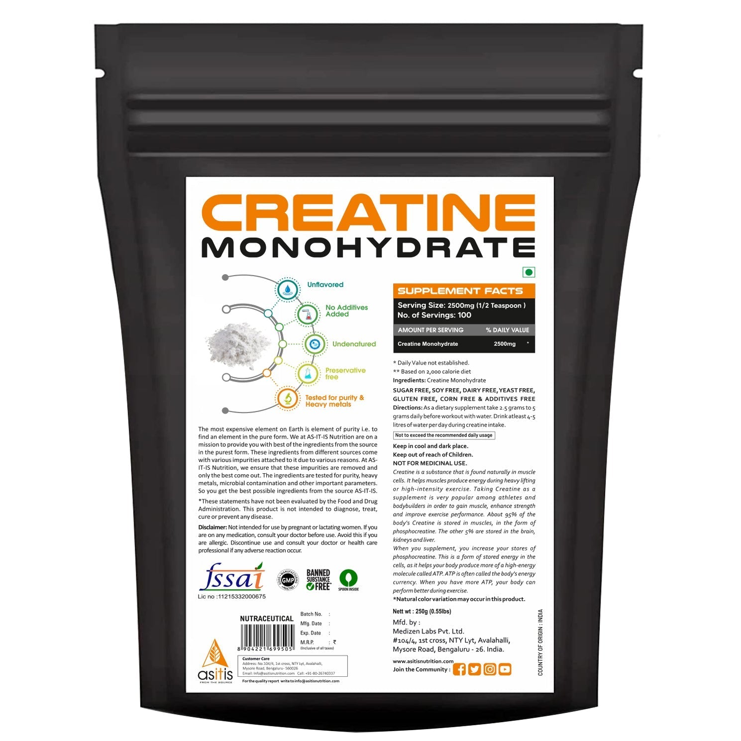 AS-IT-IS Nutrition 100% Pure Creatine Monohydrate for Muscle Building 250 gm
