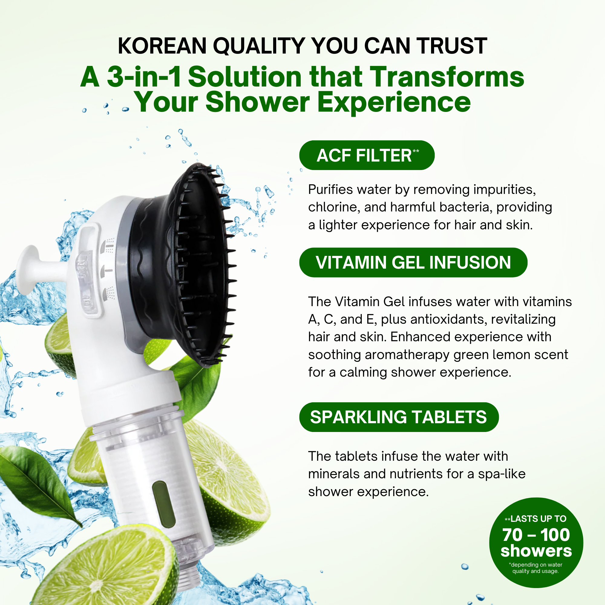K-HeadSpa Water Filtration Shower System with Massage Head, Activated Carbon Filter, Vitamin Gel & Holder – Green Lemon