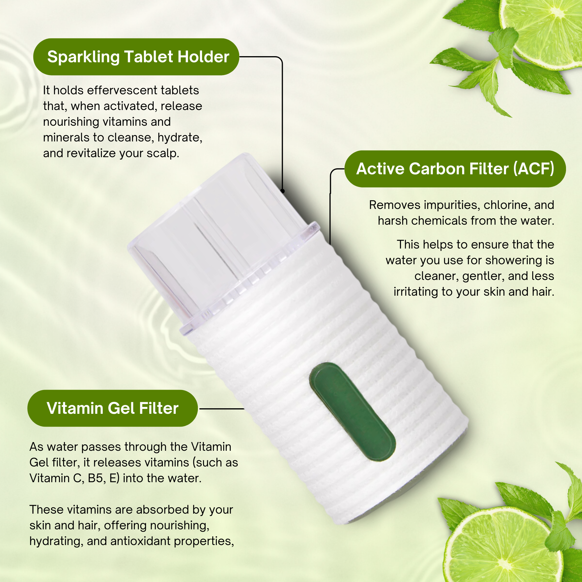 K-HeadSpa ACF Fiber Filter with Vitamin Gel & Sparkling Tablet Holder - Green Lemon