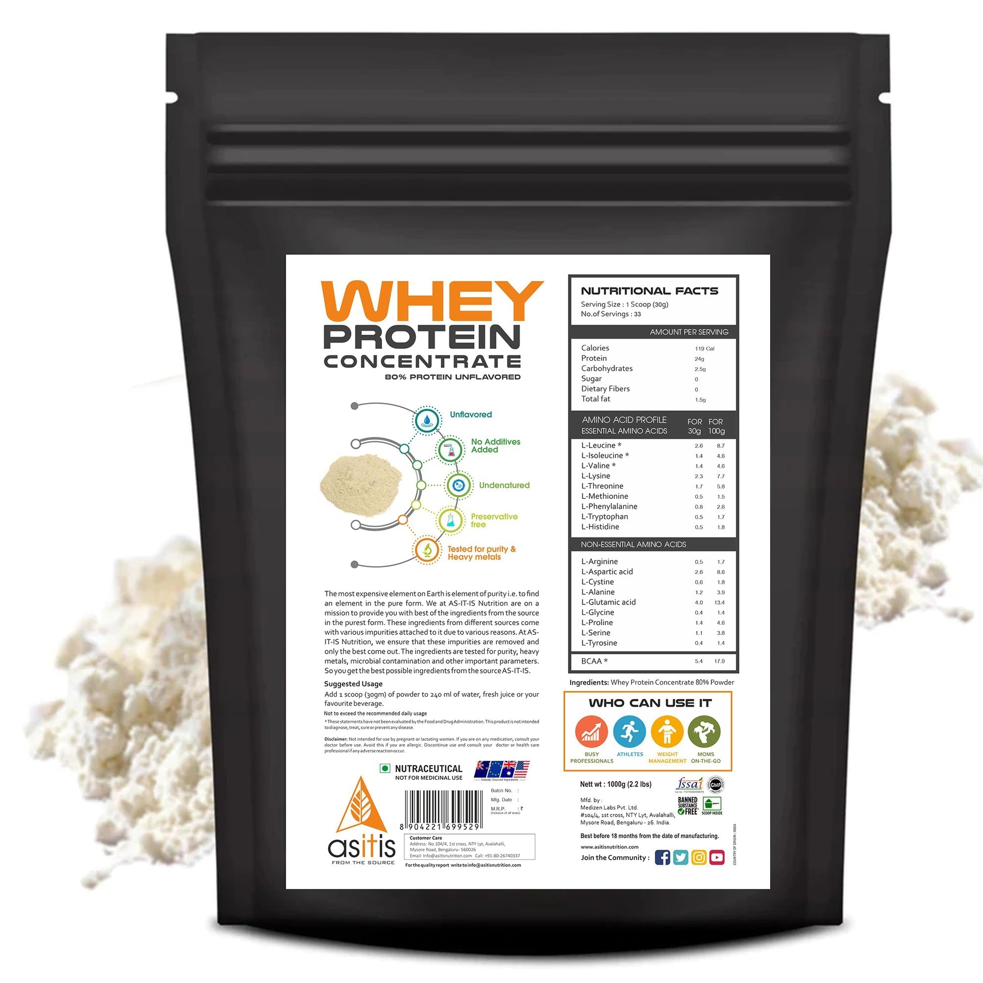 AS-IT-IS Nutrition RAW Whey Protein Concentrate Unflavoured 2.2 lb