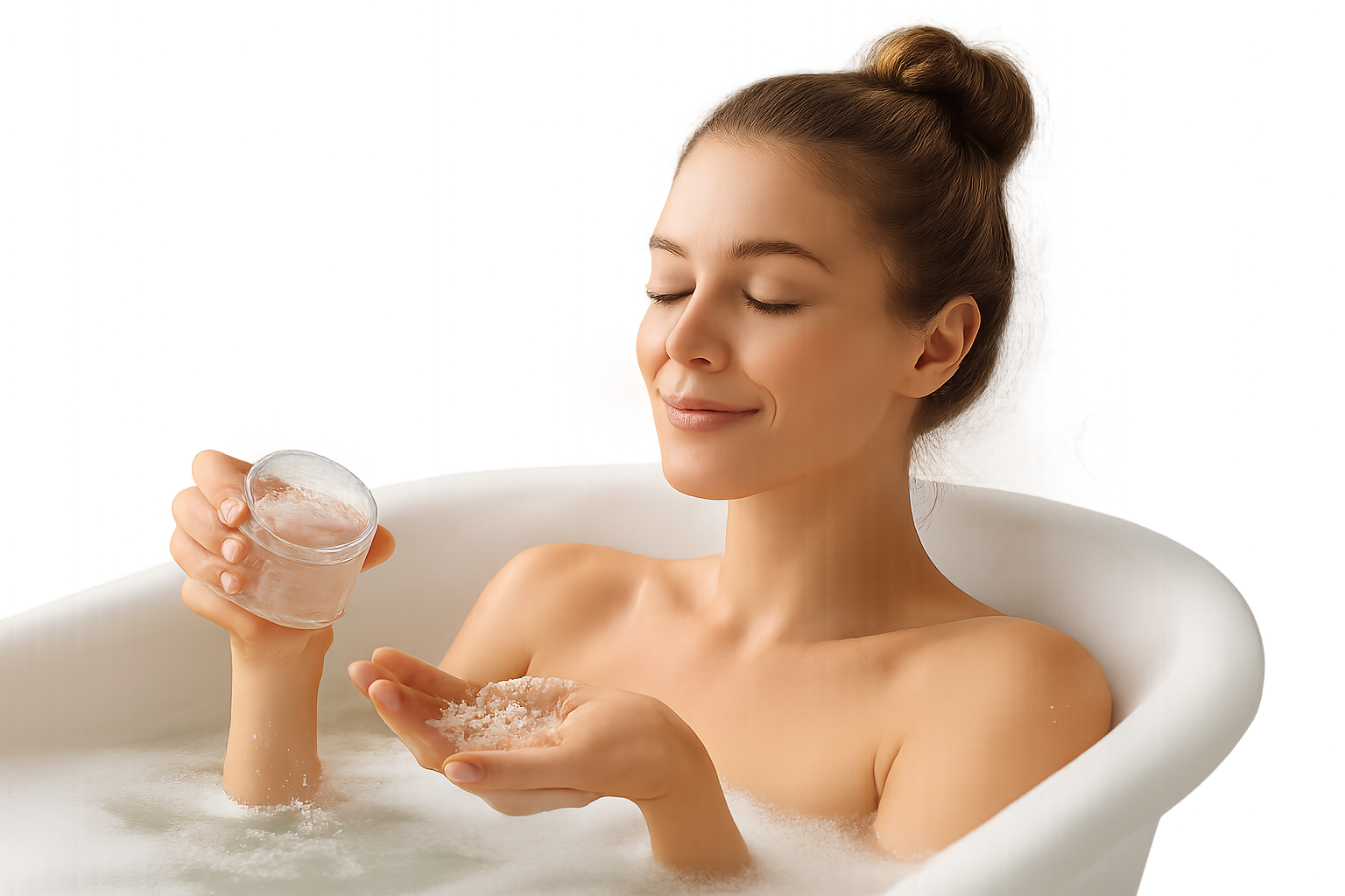 A beautiful woman relaxing while using bath salts and soaks, enjoying a spa-like moment, soft natural lighting, gentle steam effect, smooth and healthy skin, peaceful facial expression, 100% photorealistic lifestyle image, isolated on transparent background, no shadows, no text, no logo, no background.