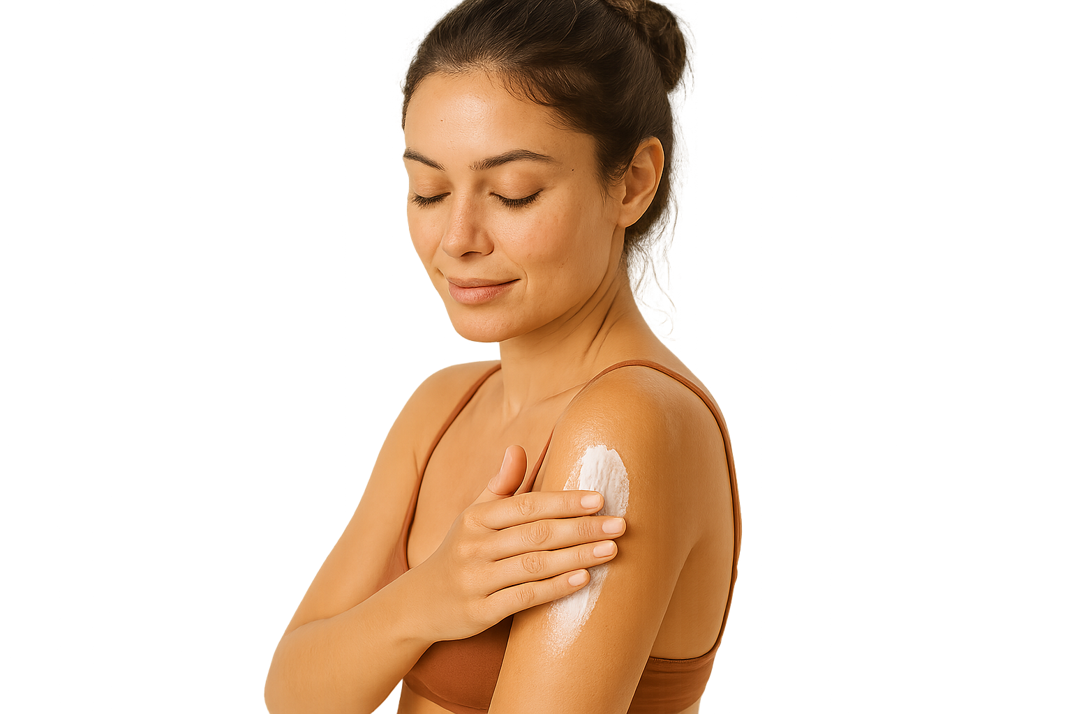 girl put a sunblock in her skin with no background