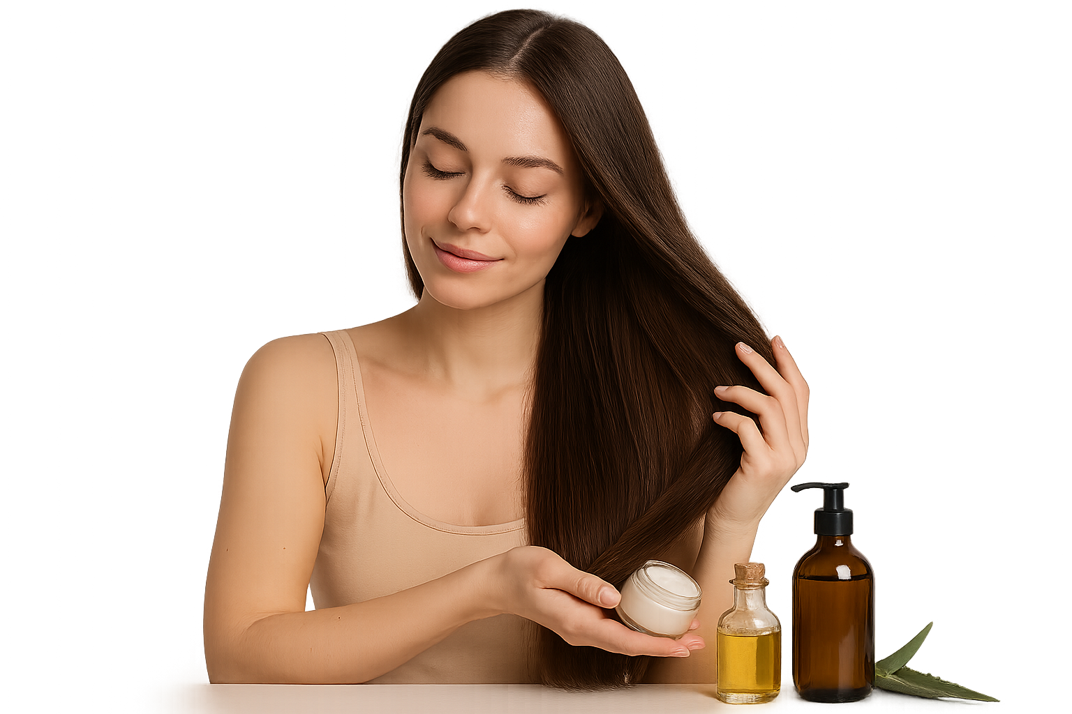 إليك برومبت بسيط وواقعي لمنتج **Natural & Organic Hair Care** بخلفية معزولة 👇

---

**Prompt:**

> Woman caring for her hair with natural and organic hair care products, smooth and shiny healthy hair, soft natural lighting, clean and fresh look, realistic photo, isolated on transparent background, no background.
