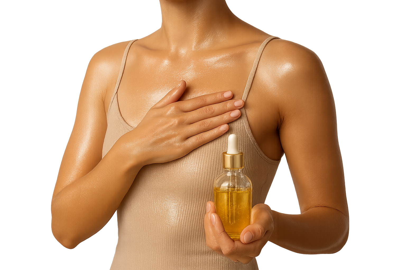 Woman applying body oil on her skin, glowing and smooth texture, soft natural lighting, realistic photo, fresh and healthy look, isolated on transparent background, no face, no background.