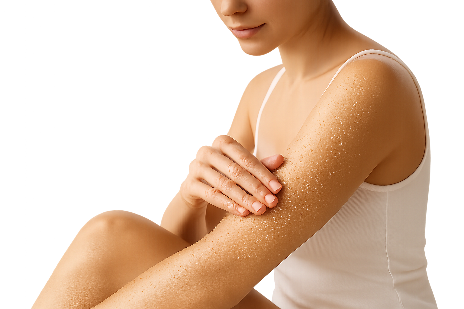 Woman applying body scrub on her skin, visible scrub grains on arm or leg, smooth and glowing skin, natural lighting, realistic photo, clean and fresh look, isolated on transparent background, no face, no background.