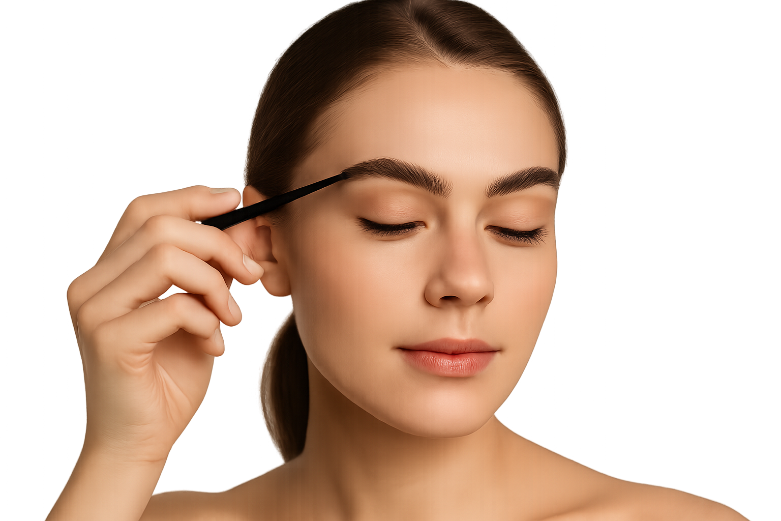 Woman applying eyebrow product with brush or pencil, focus on well-shaped eyebrows, natural lighting, realistic photo, clean and defined makeup look, isolated on transparent background, no background.