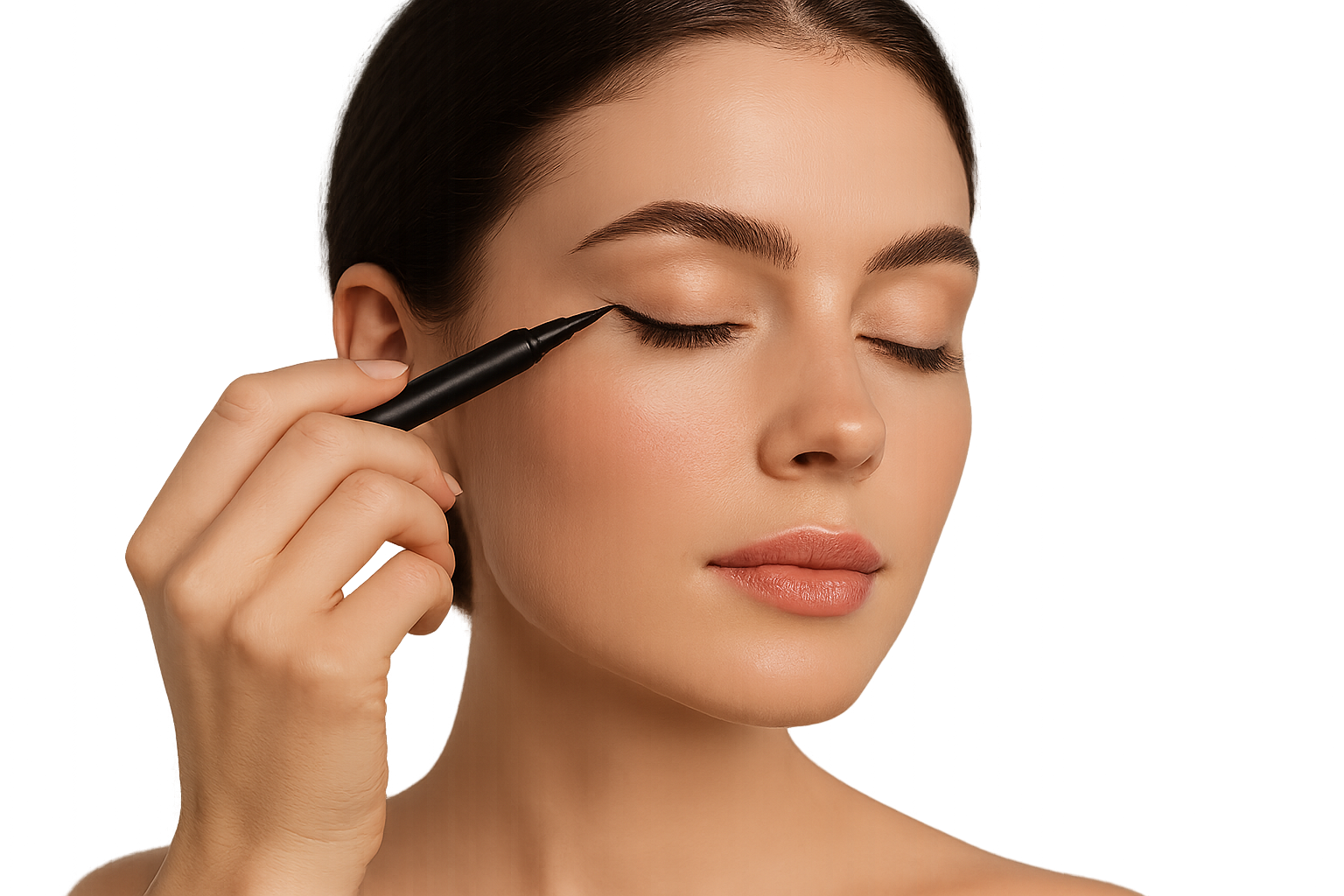 Woman applying eyeliner on her eyelid, precise and smooth line, natural lighting, realistic photo, clean and elegant makeup look, isolated on transparent background, no background.