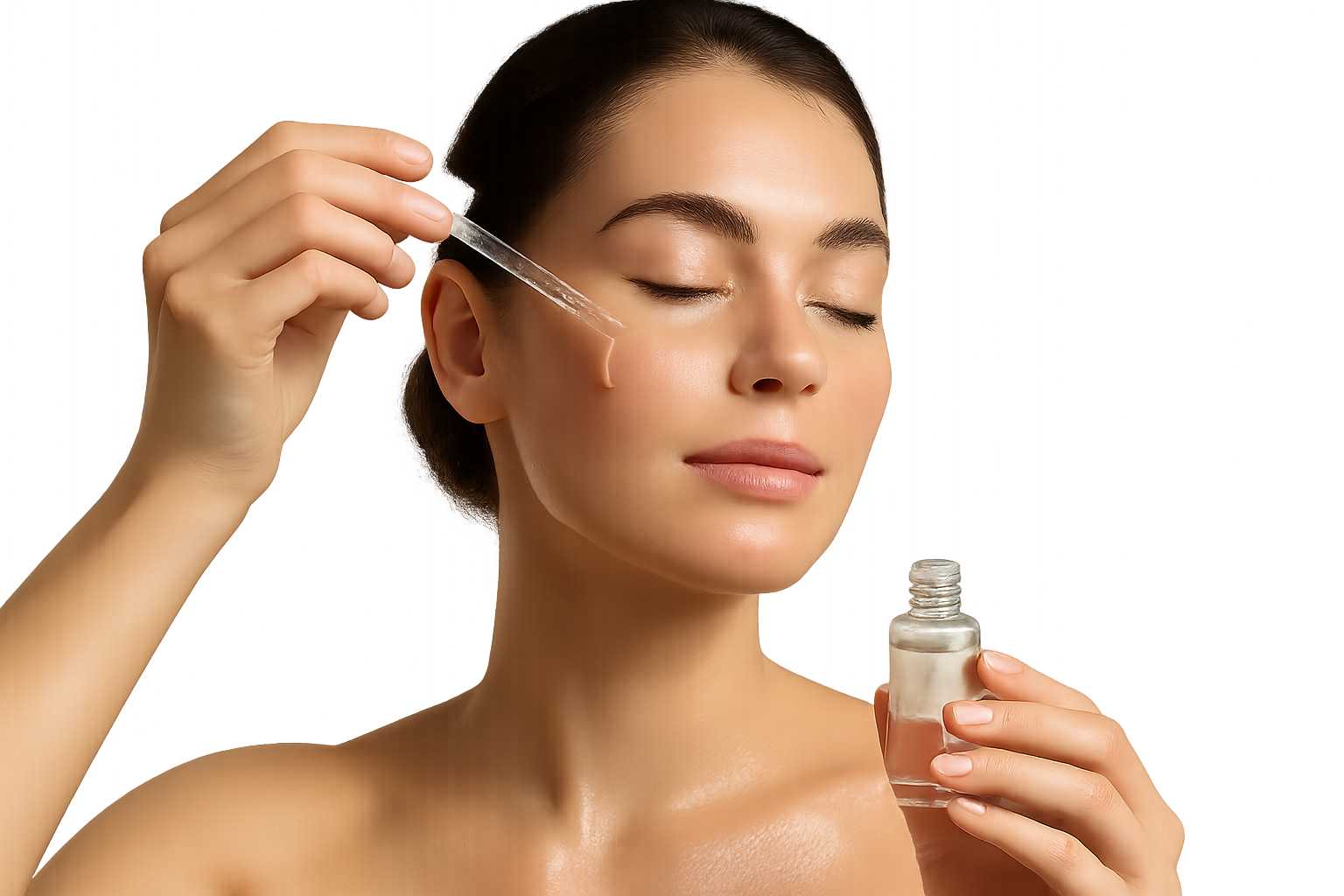 Woman applying face serum on her skin using a dropper, glowing and hydrated skin, natural lighting, realistic photo, clean and fresh skincare concept, isolated on transparent background, no background.