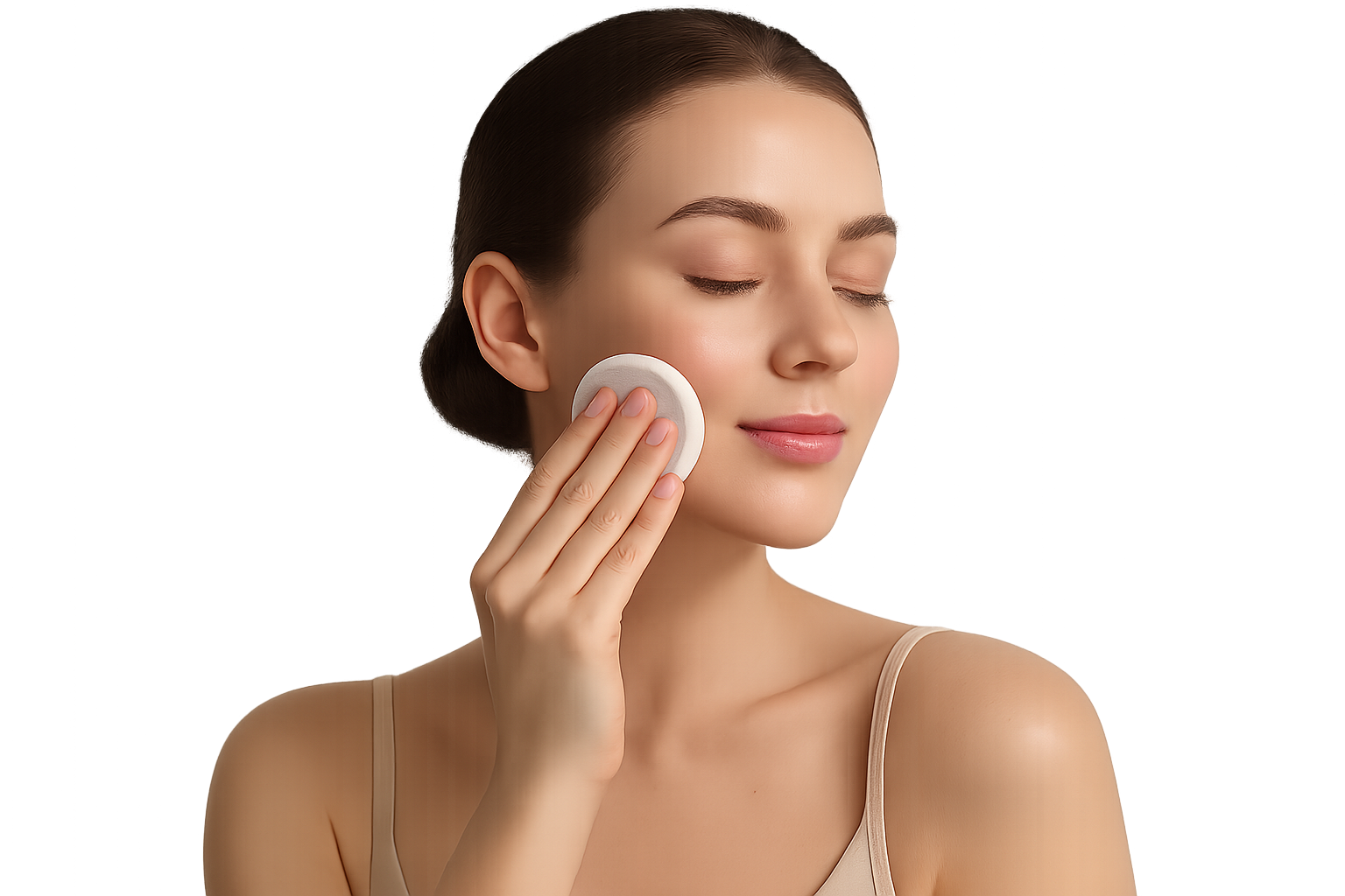 Woman applying face toner with a cotton pad, clean and fresh skin, gentle natural lighting, realistic photo, skincare concept, isolated on transparent background, no background.