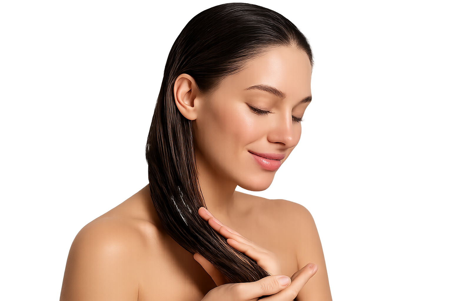 Woman applying hair conditioner to her wet hair, smooth and shiny texture, realistic photo, natural lighting, clean and healthy hair look, isolated on transparent background, no background.