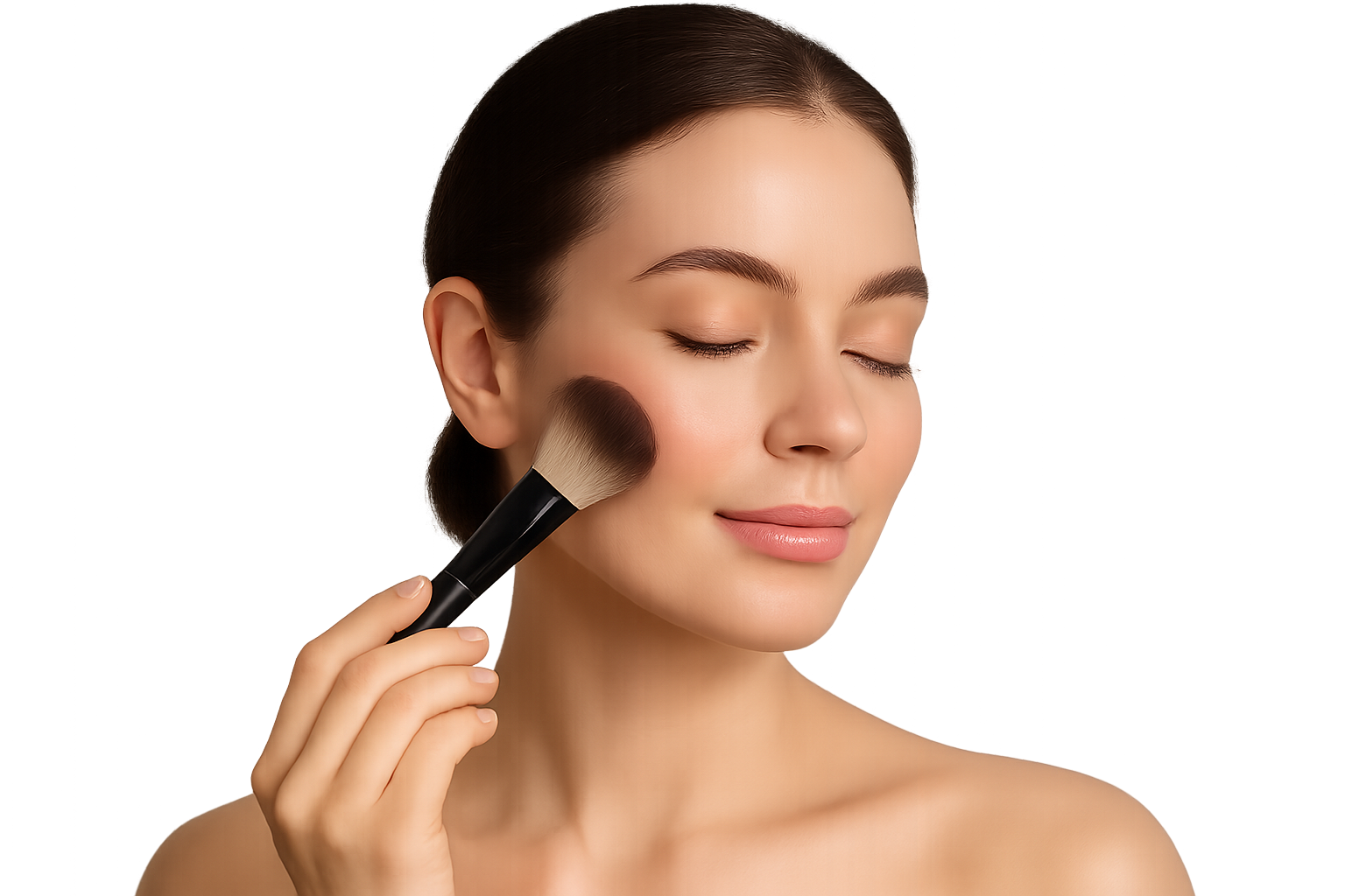 Woman applying makeup blush on her cheeks with a brush, soft natural glow, smooth and healthy skin, natural lighting, realistic photo, clean and fresh makeup look, isolated on transparent background, no background.