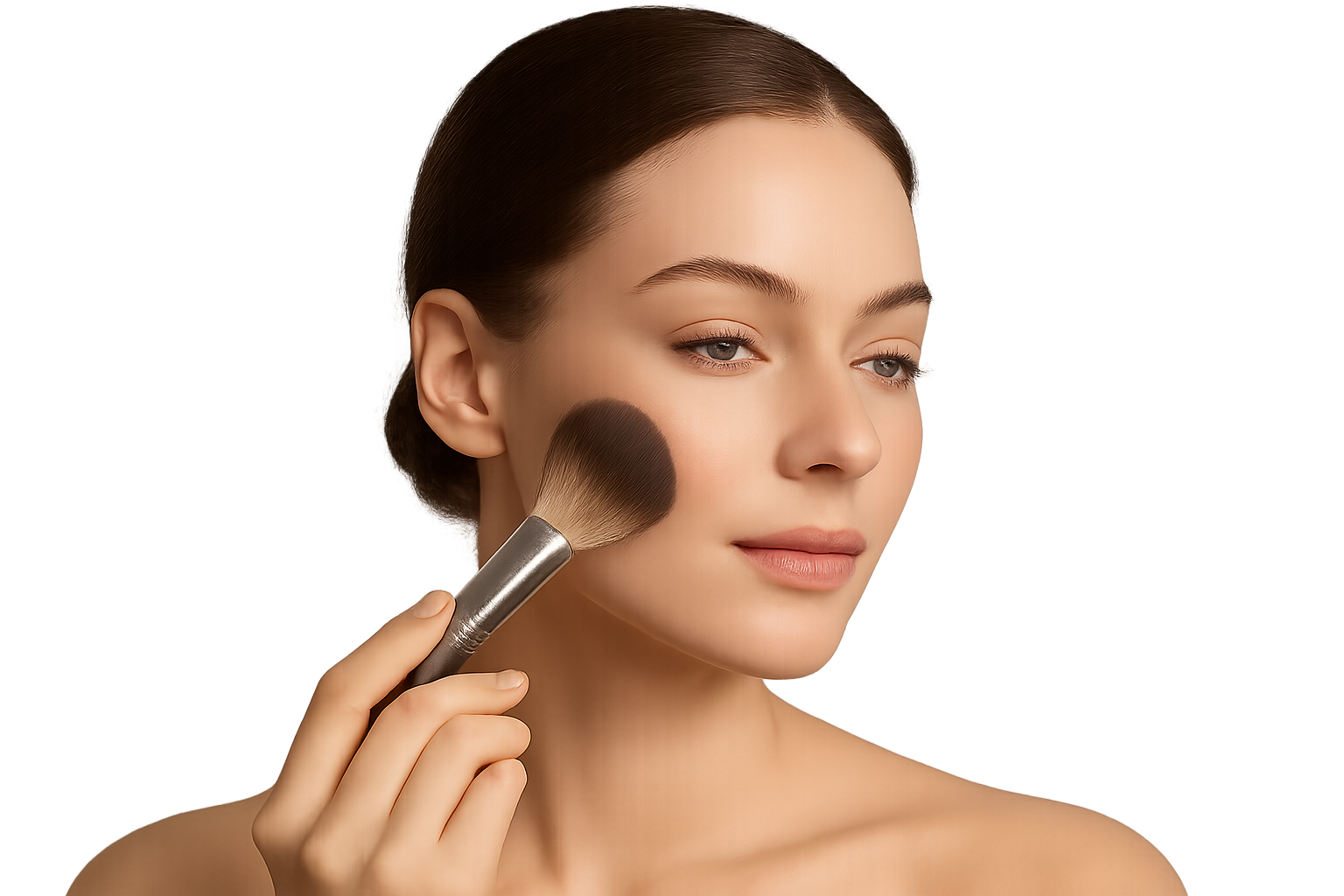 Woman applying makeup powder on her face with a brush, smooth and flawless skin, natural lighting, realistic photo, clean and elegant look, isolated on transparent background, no background.