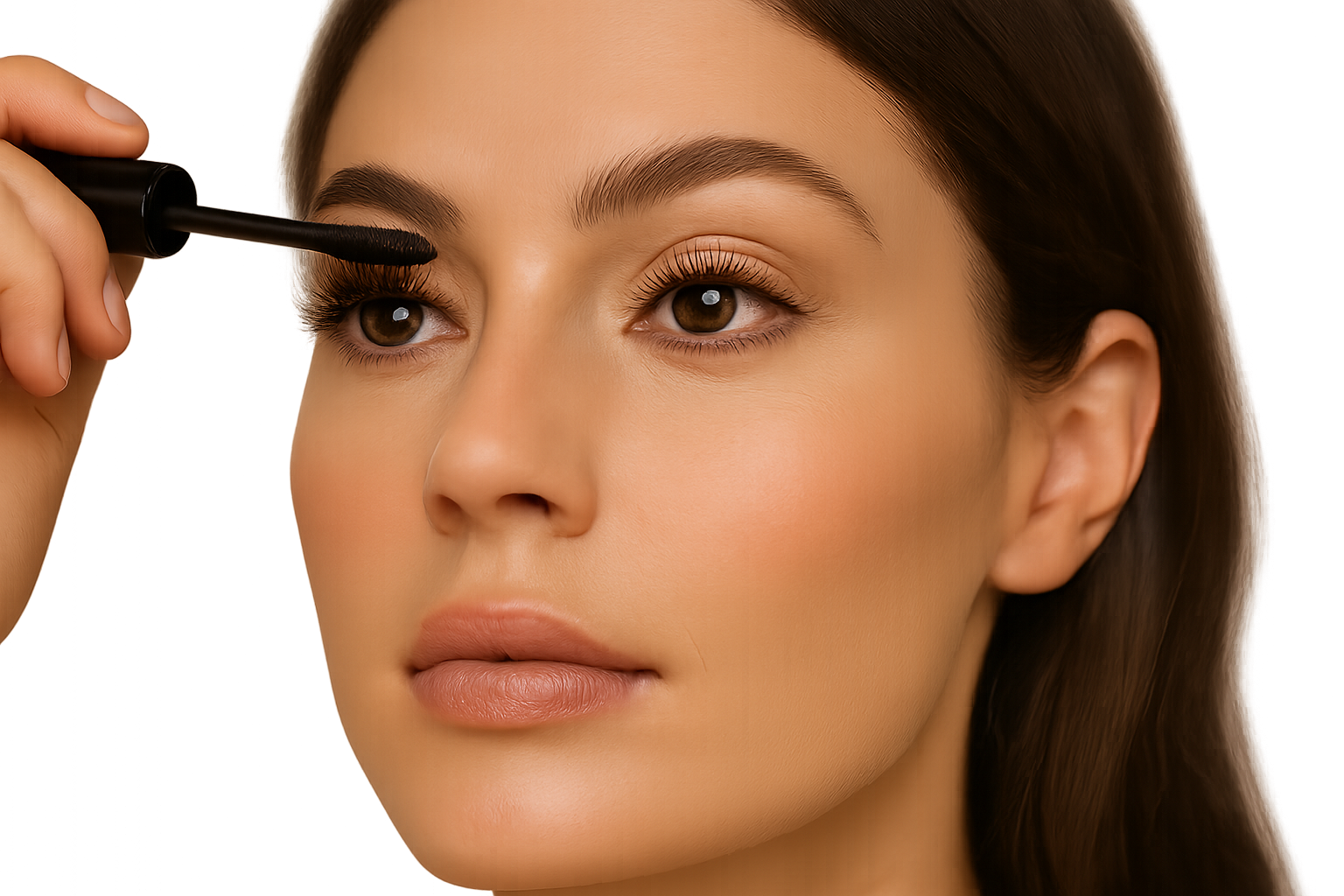 Woman applying mascara to her eyelashes, focus on eyes and lashes, natural lighting, realistic photo, clean and elegant makeup look, isolated on transparent background, no background.