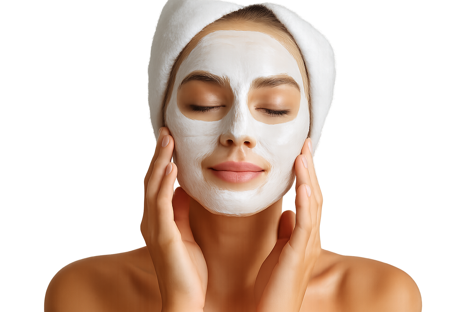 Woman applying or wearing a face mask, clean and glowing skin, relaxing skincare moment, natural lighting, realistic photo, fresh and healthy look, isolated on transparent background, no background.