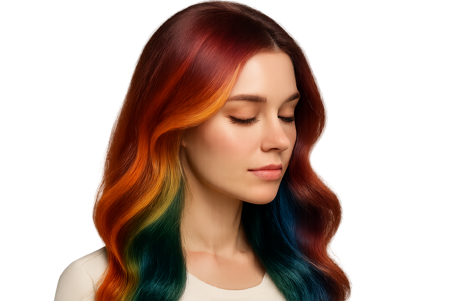 Woman with beautifully colored hair, vibrant and shiny tones, smooth and healthy texture, natural lighting, realistic photo, focus on hair color and shine, clean and elegant look, isolated on transparent background, no background.